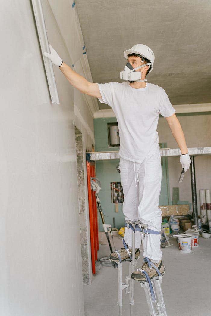 services-02 Construction worker on stilts painting a wall indoors, wearing protective gear and a hard hat.